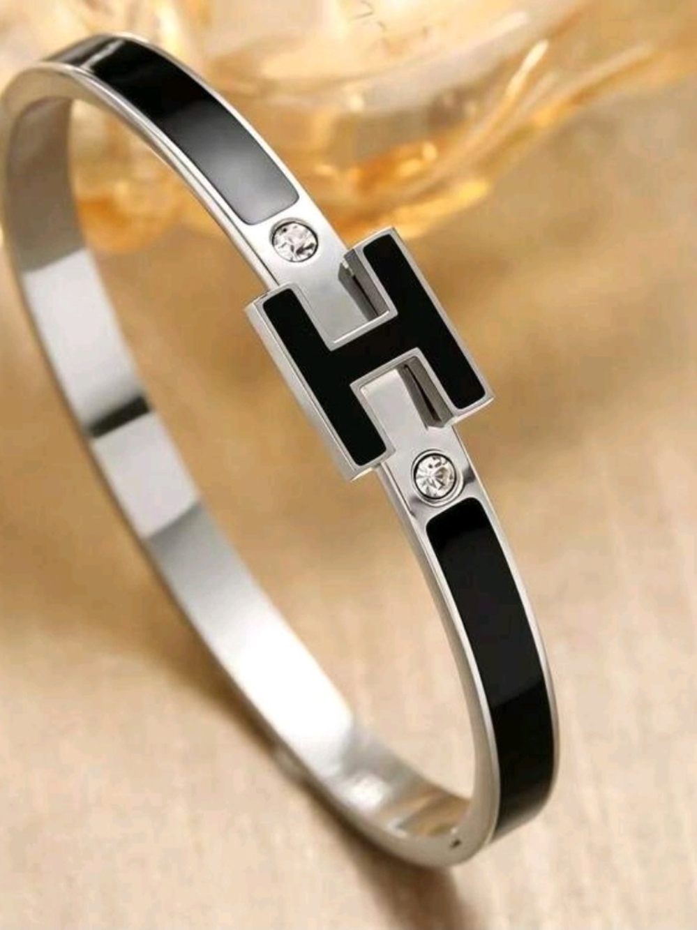 Black Enamel H-Accent Stainless Steel Bangle Bracelet - Fashion